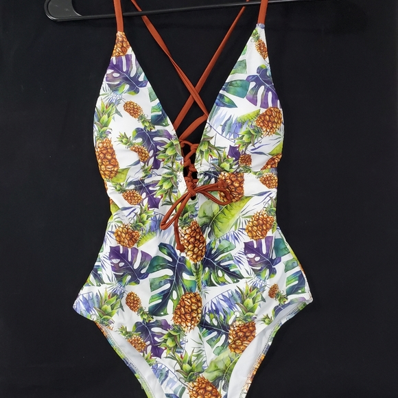 Tropical Print one piece swimsuit size S green purple brown lace up - Picture 1 of 10